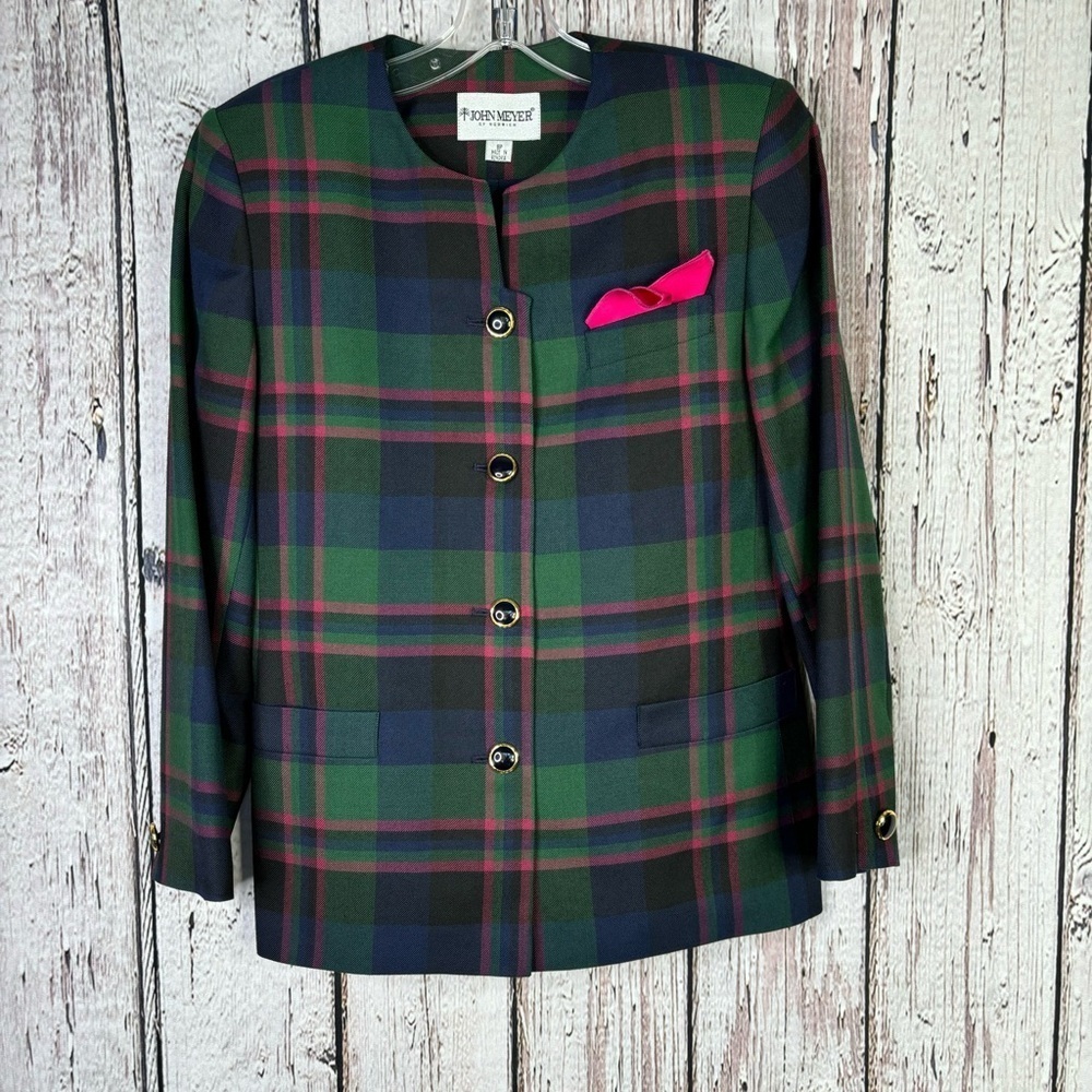 Vintage 1970s John Meyer of Norwich Plaid Blazer Jacket 8P Petite Fully Lined‎